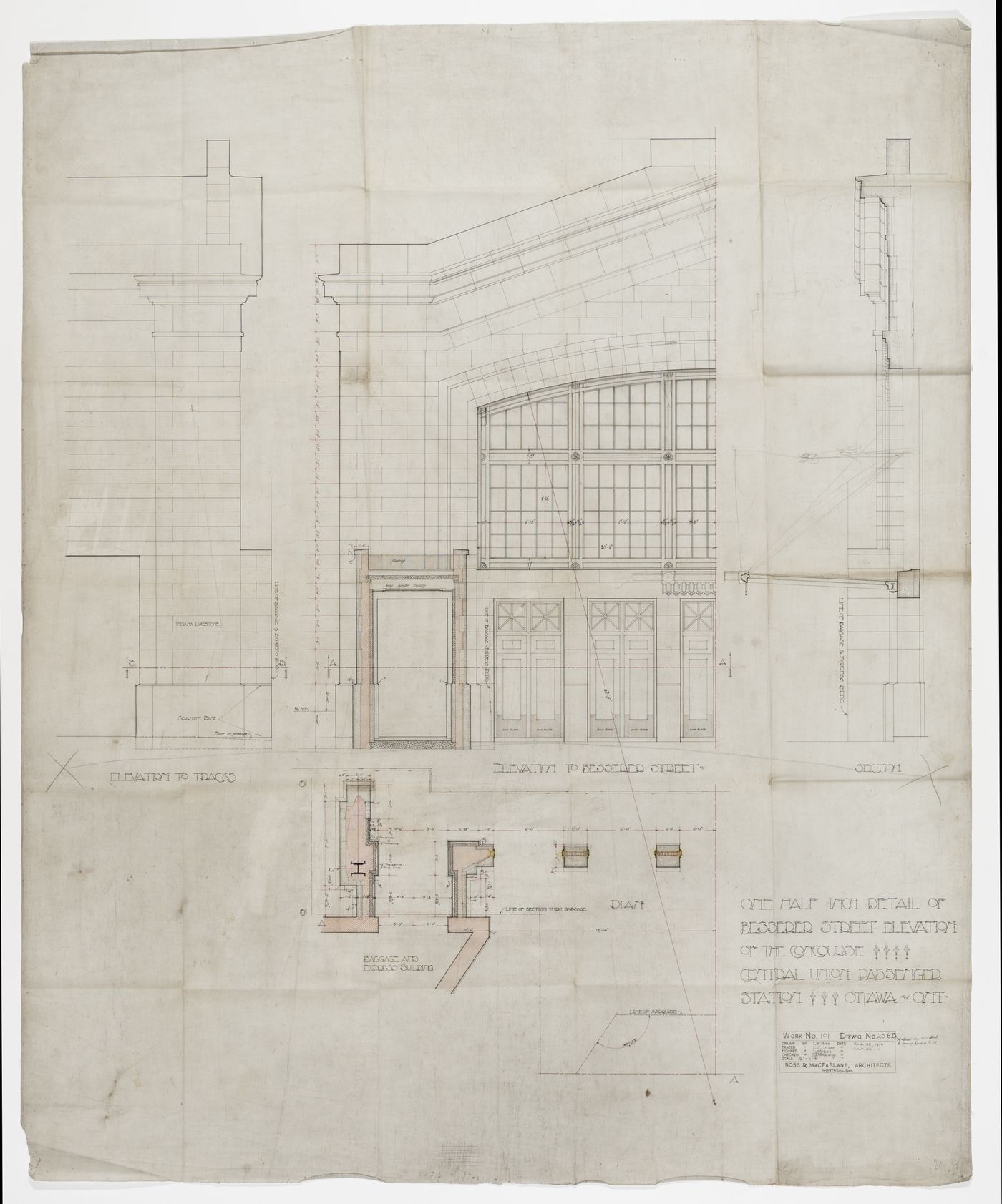 Elevations, section and plan for Central Union Passenger Station, Ottawa, Ontario