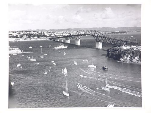 Aerial view of the Auckland Harbour Bridge, over the Waitematā Harbour, Auckland, New Zealand
