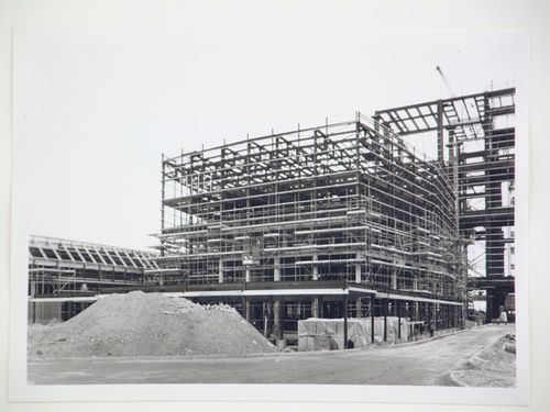 View of construction of steel structure for power station, from exterior, United Kingdom