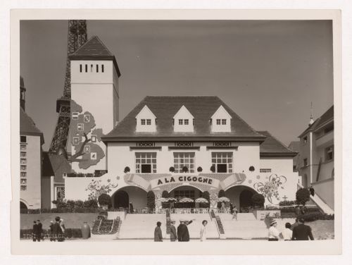 View of Alsace's pavilion with the Tour Eiffel in the background, 1937 Exposition internationale, Paris, France