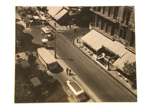 Aerial view of an intersection showing automobiles, buildings and the enterance to the underground railway station "Avenida de Mayo", Buenos Aires, Argentina