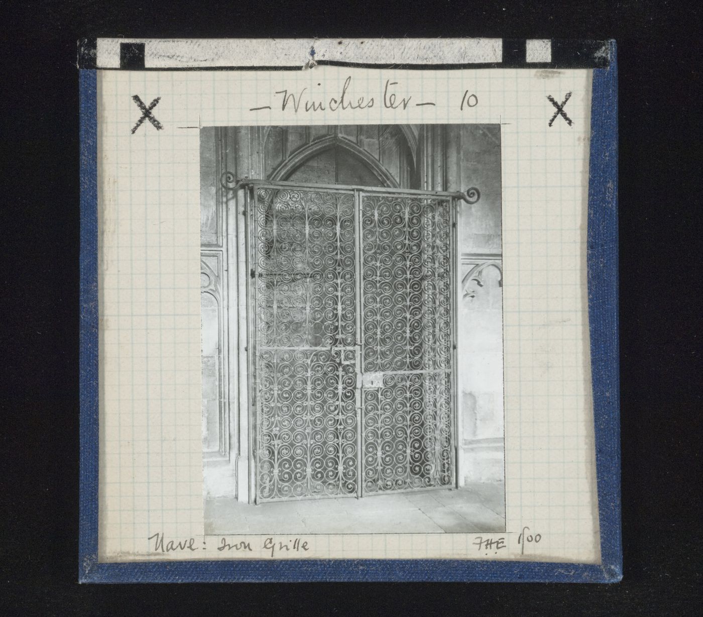 View of iron grille in nave of Winchester Cathedral, Winchester, Hampshire, England