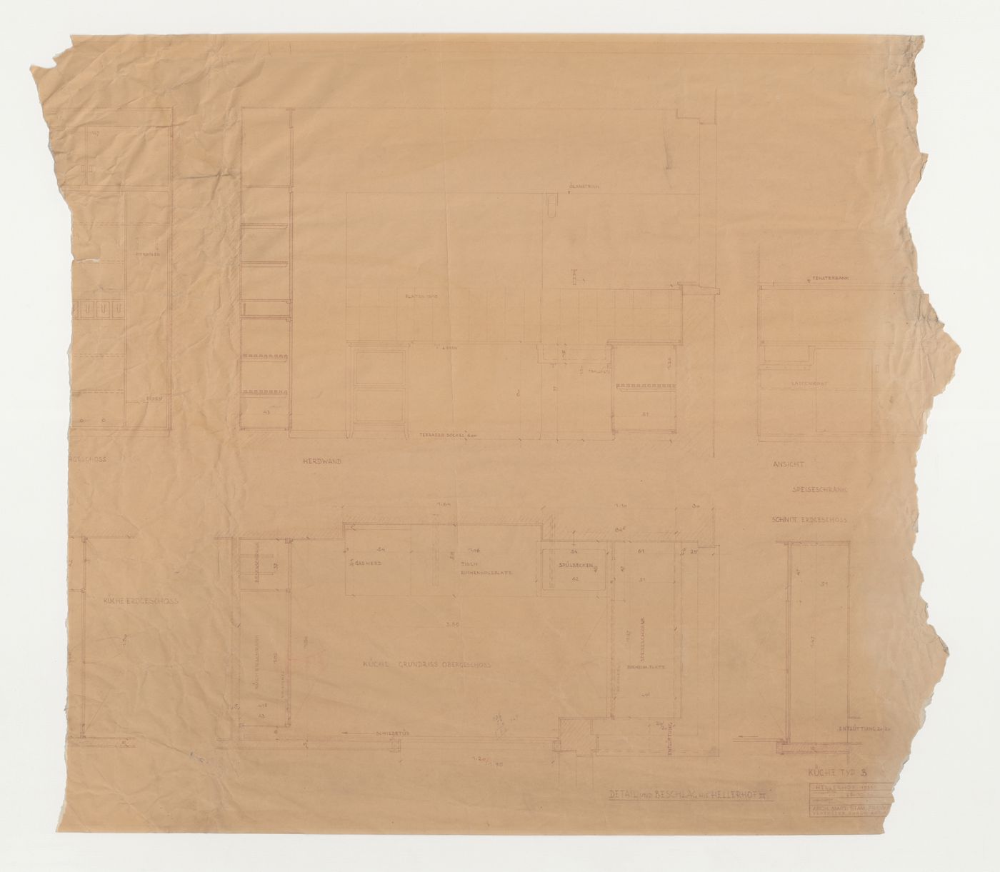 Plan, elevation and section for a type B kitchen, Hellerhof Housing Estate, Frankfurt am Main, Germany