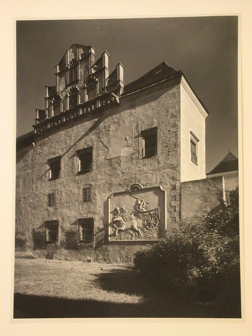 View of a garden façade of Telc Château showing a panel with relief carvings, Telc, Czechoslovakia (now Czech Republic)