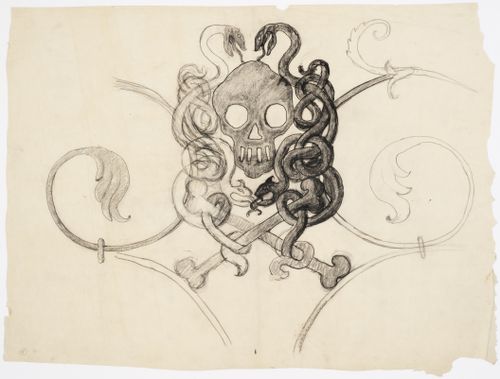 Elevation for a detail showing a skull and crossbones with serpents for the wrought iron gate inside the main entrance of Woodland Chapel, Woodland Cemetery, Stockholm, Sweden