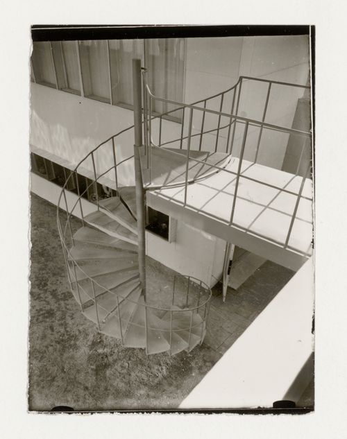 Exterior view of an unidentified building at the Stockholm Exhibition of 1930 showing spiral stairs, Stockholm