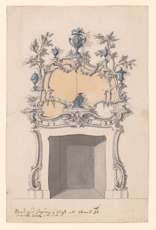 Design for a Rococo Fireplace with Chinese elements, surmounted by a mirror with a seated shepherd, cascades and garlands, 1755-60