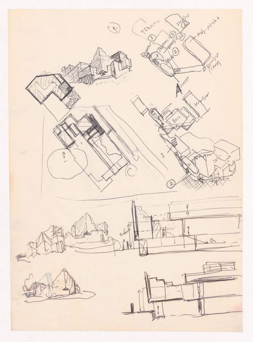 Sketch perspectives, sections, floor plan, and axonometric view for Casa Marques Pinto, Porto, Portugal