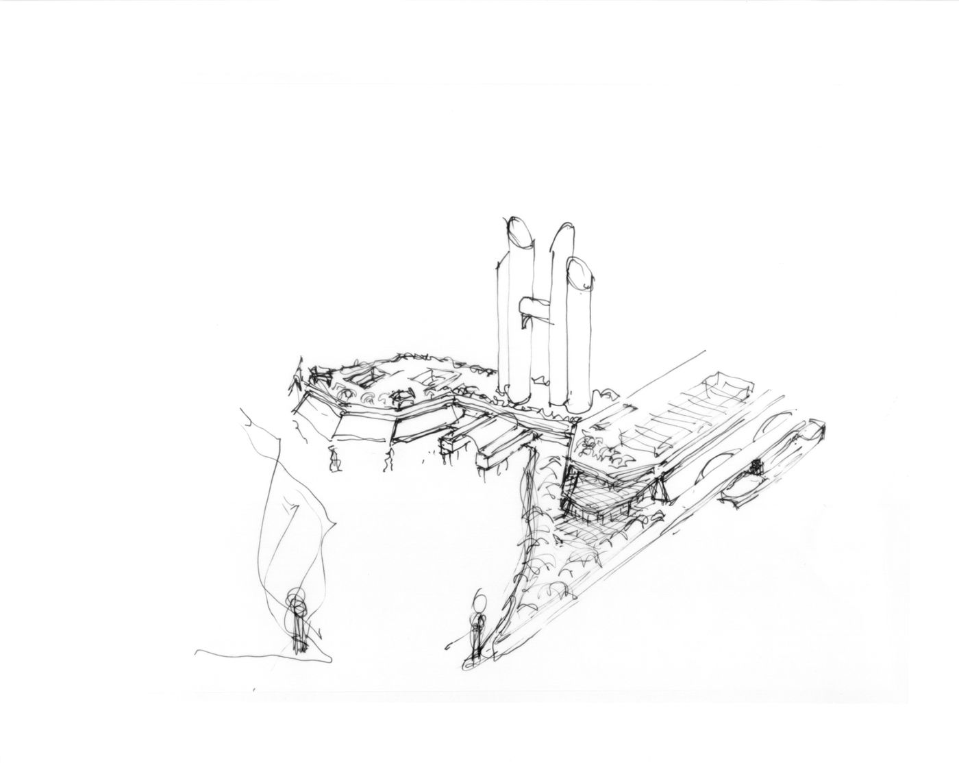 Perspective sketches of gateway building and new harbour, Master Plan for New Port City of Nansha, China