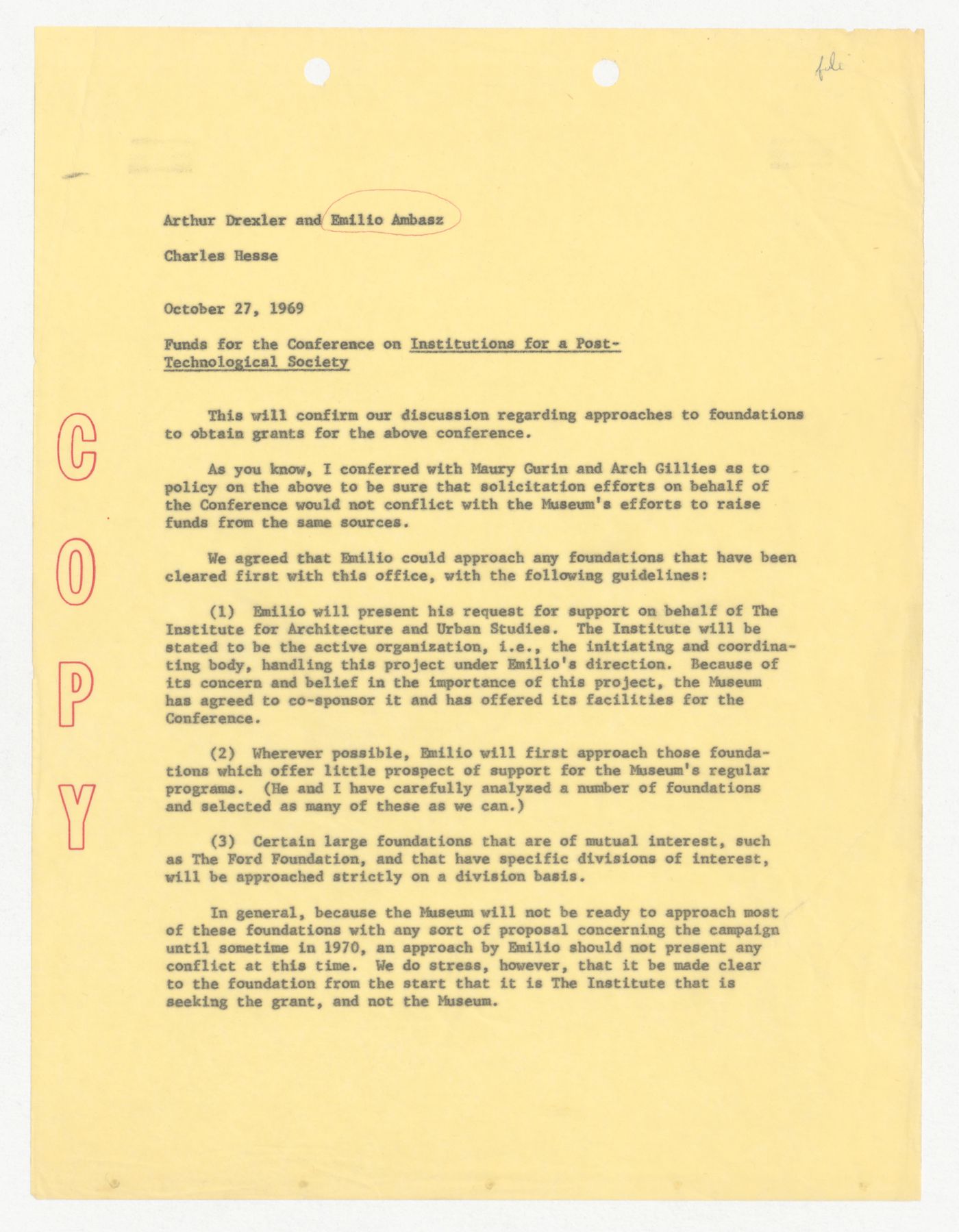 Copy of a letter from Charles Hesse to Emilio Ambasz and Arthur Drexler about fundraising strategy for Institutions for a Post-Technological Society conference