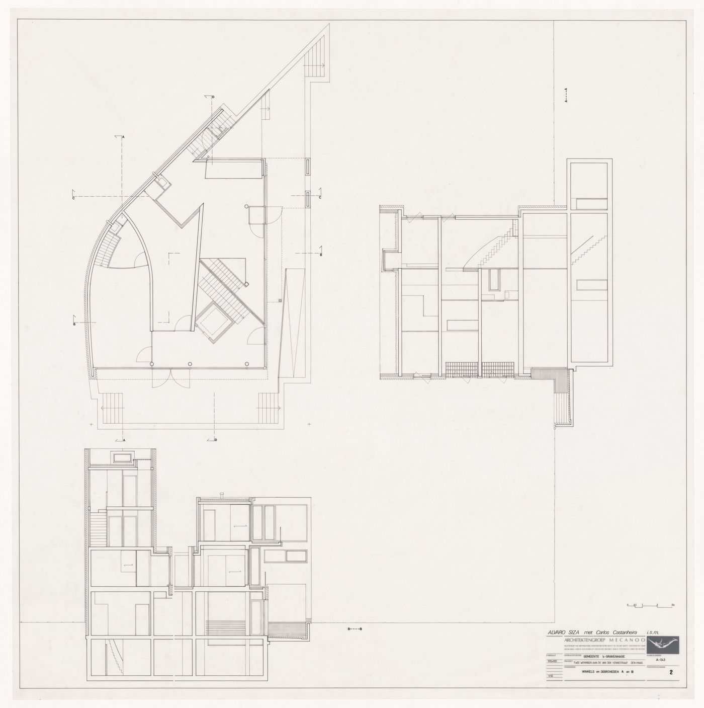 Plan and sections for Duas habitações e duas lojas [Housing and shopping complex, Schilderswijk], The Hague, The Netherlands