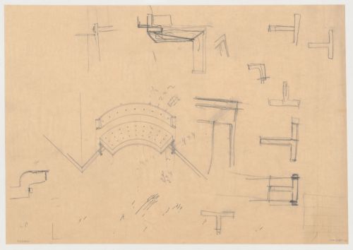 Axonometric and details for a built-in hall bench for Villa Allegonda, Katwijk aan Zee, Netherlands
