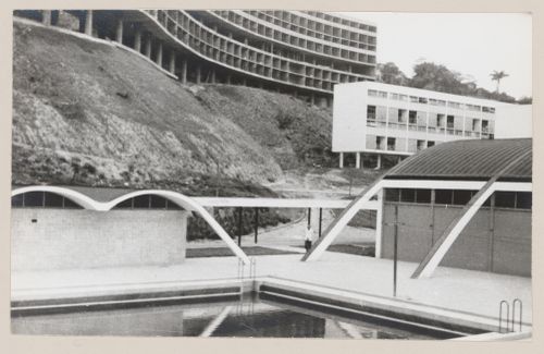 View of gymnasium, under construction, Pedregulho, Rio de Janeiro, Brazil
