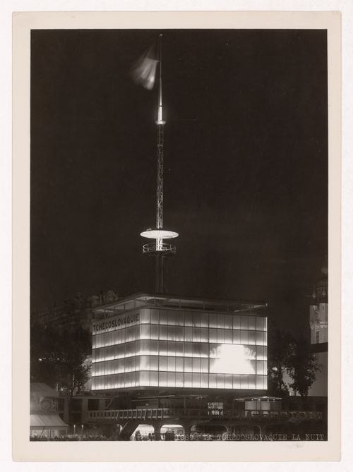 Night view of Czechoslovakia's pavilion, 1937 Exposition internationale, Paris, France