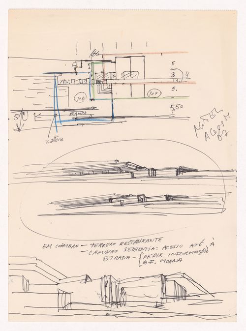 Sketch plan and elevations for Motel em Vale de Canas, Coimbra, Portugal