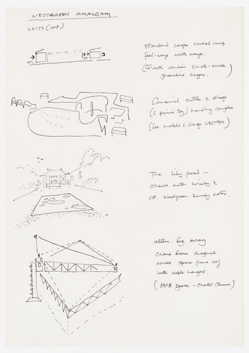 Continuation of sketches and notes about units, including cages, the cattle and sheep handling complex, the lily pond and a crane for Westgreen Amalgam
