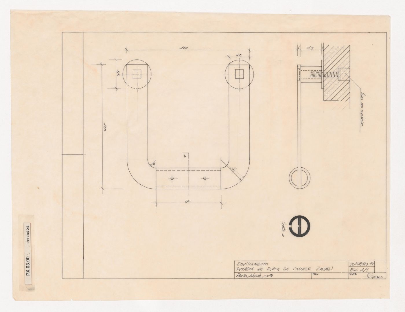 Plan, elevation and section for sliding door handle for Casa Manuel Magalhães, Porto