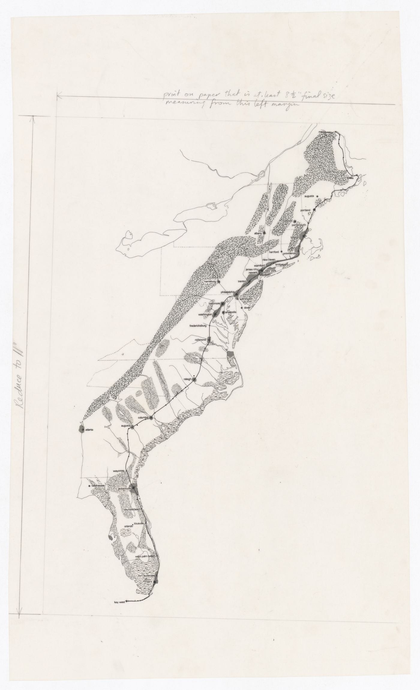 Map of eastern coast of the United States of America with sggested route marked (from the project-file United States One (U.S. 1))