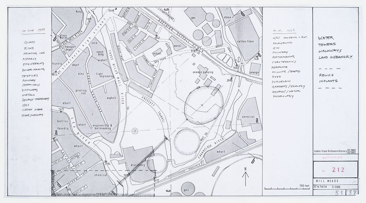 Mills: site map with lists of activities for 1958 and 1992