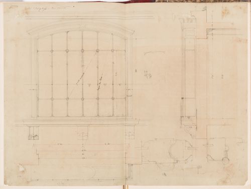Elevation, plan, section and sketches for joinery details for the centre window on the first floor of the courtyard façade, Hôtel Soltykoff