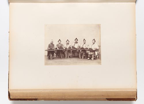 Group portrait of six women with bamboo trays of tea, southern China