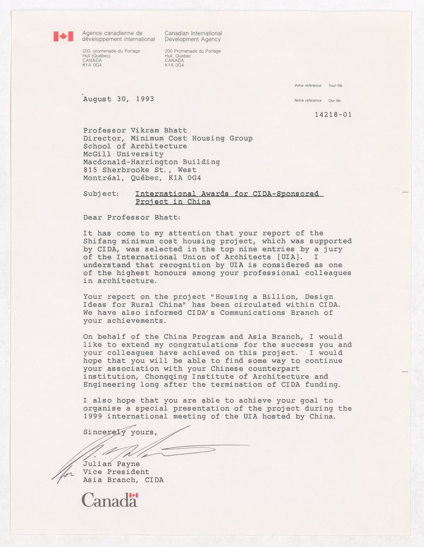 Congratulation letter about the International Awards of the Canadian International Development Agency awarded to the Sichuan housing project