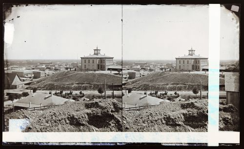 Stereograph of First Los Angeles High School on Poundcake Hill (now Fort Moore Hill), Los Angeles, Califonia, United States of America (relocated 1887)