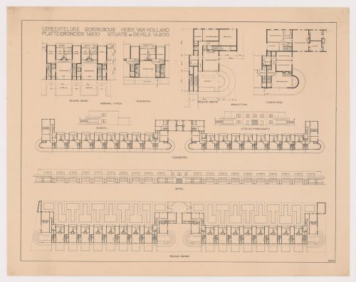 Ground and first floor plans and elevations for industrial row houses, Hoek van Holland, Netherlands