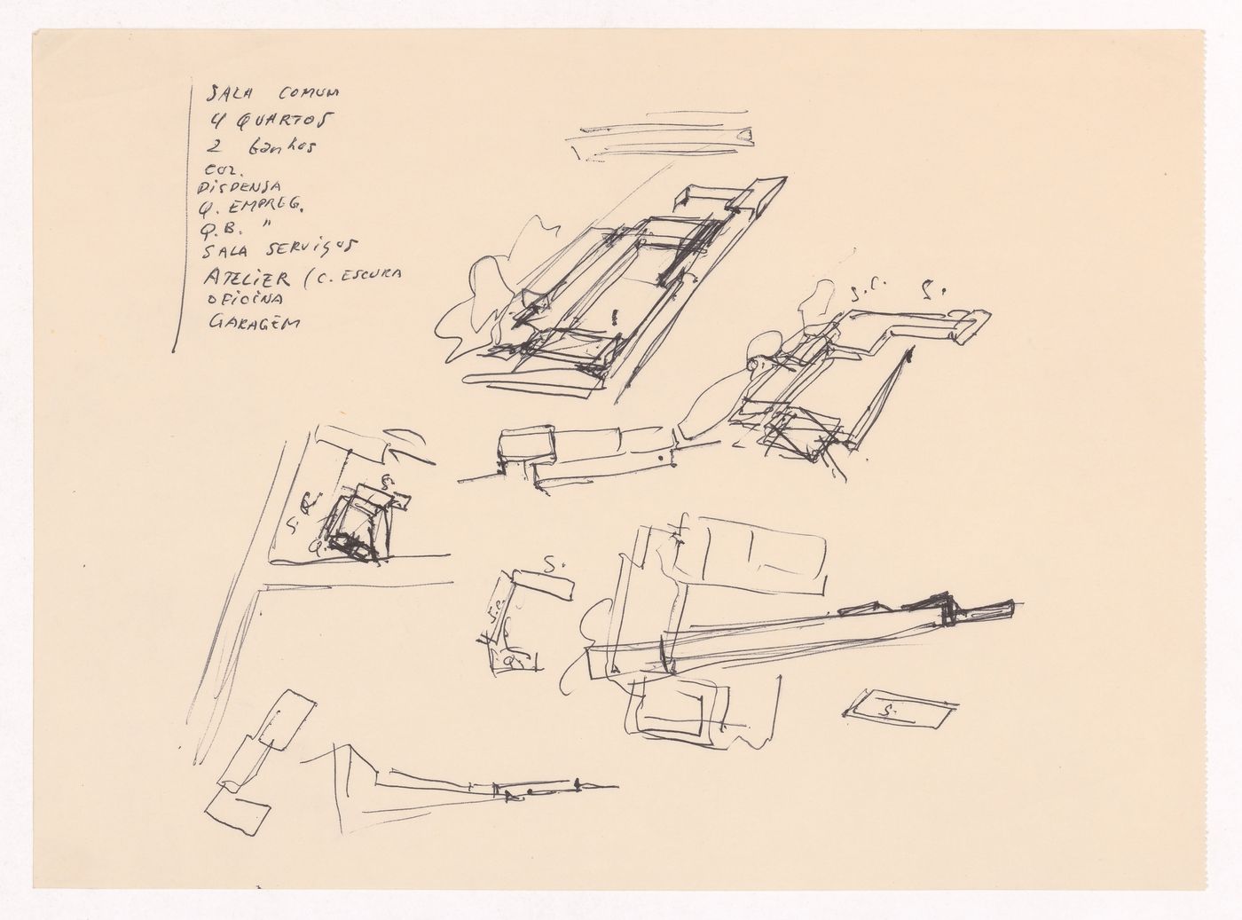 Sketch axonometric views and plan for Habitação A. Felgueiras, Porto, Portugal
