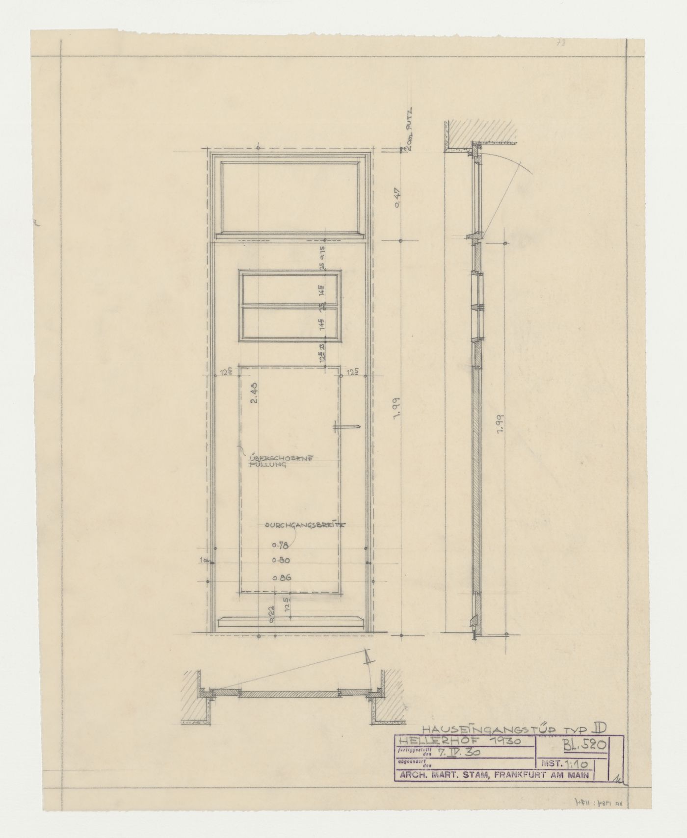Plan, elevation, and section for a door for a type D housing unit, Hellerhof Housing Estate, Frankfurt am Main, Germany