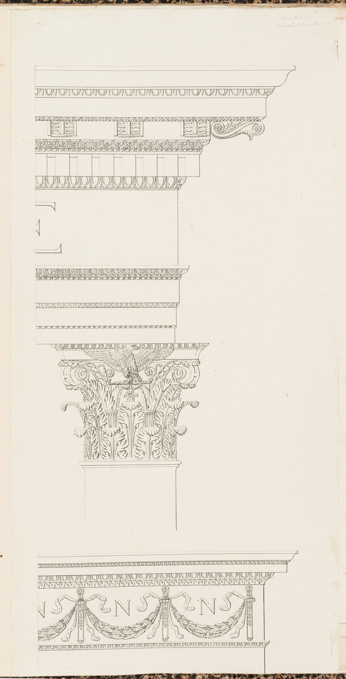 Project for the conversion of the Église de la Madeleine into a Temple de la Gloire, Paris: Elevation of an entabulature, capital and frieze