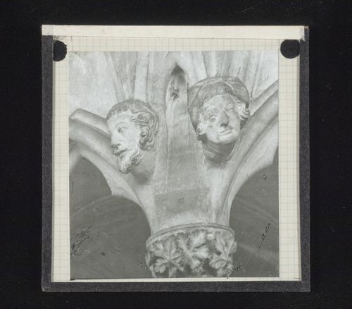 View of two sculptures of heads