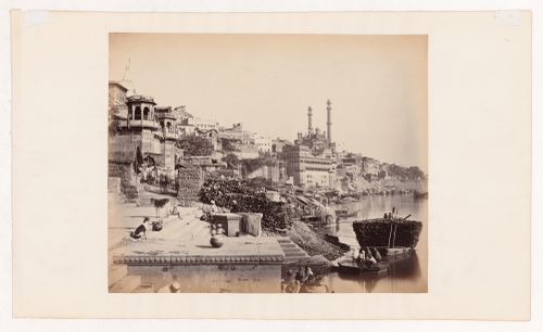 View of the Panchganga Ghat and buildings along the Ganges River showing the Great Mosque of Aurangzeb (also known as the Jnana Vapi [Well of Knowledge] Mosque), Benares (now Varanasi), India