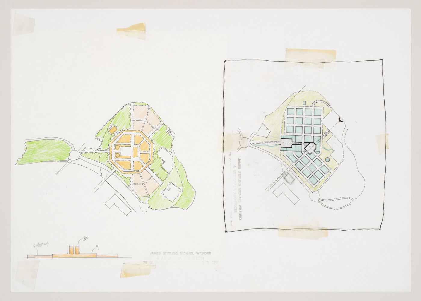 New Town Centre, Caselecchio di Reno, Italy: plans and elevation