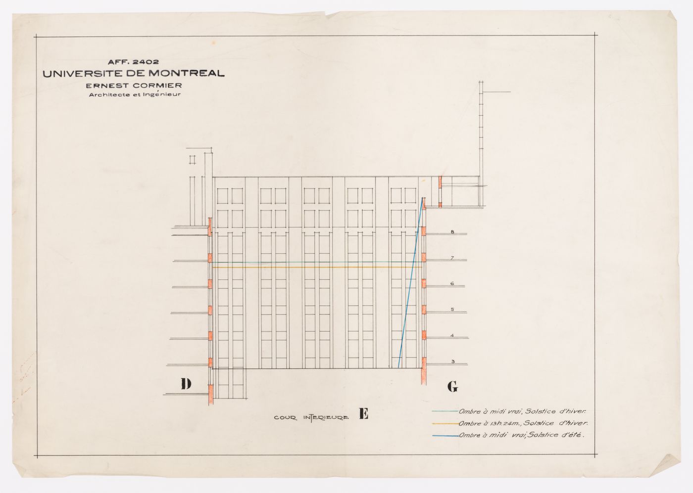 Diagramme de l'ombre pour la cour intérieure, Pavillon principal et campus, Université de Montréal, Montréal, Canada (1924-1947)