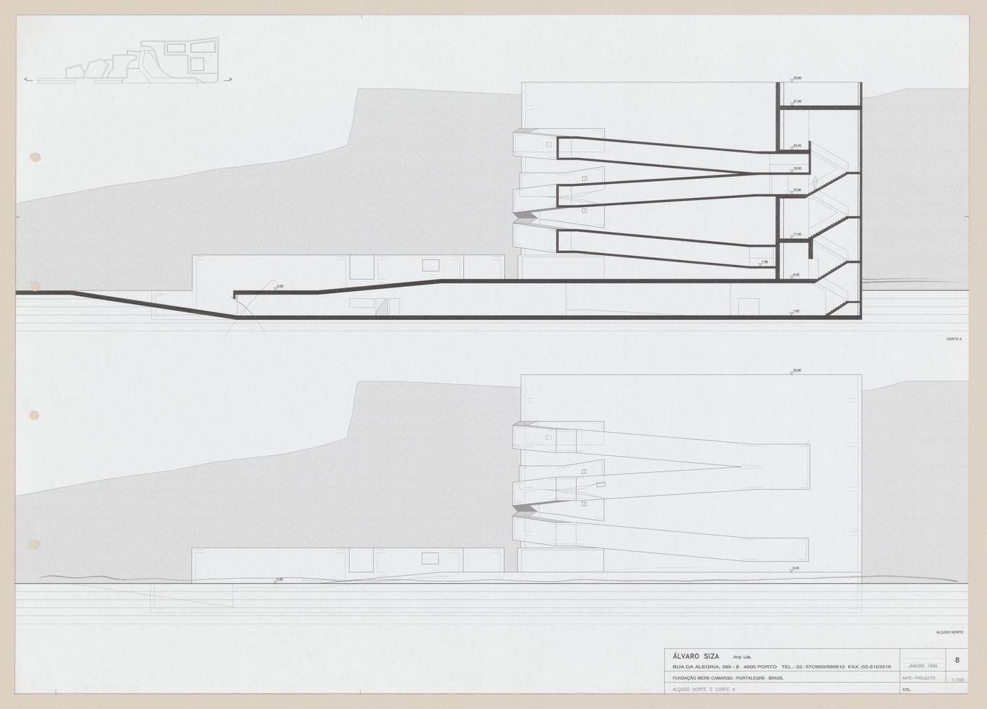 Section and elevation for C. Cultural e Audit. para a Fundação Iberê  Camargo [Iberê  Camargo Foundation Museum], Porto Alegre, Brazil