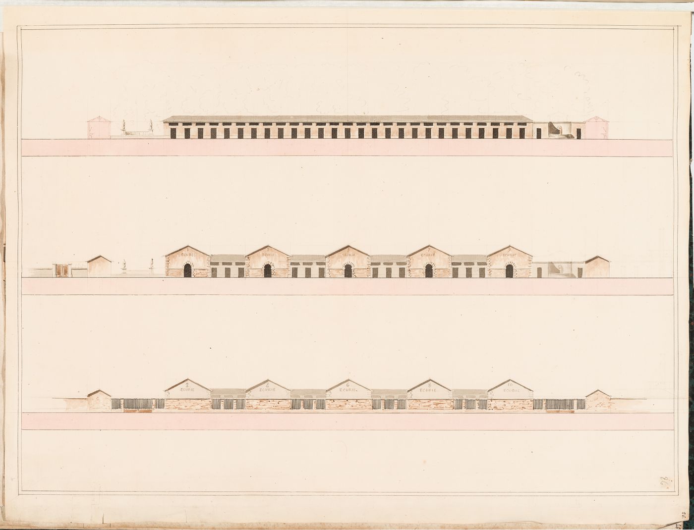 Project for a horse auction house and infirmary, Clos St. Charles, nouveau quartier Poissonnière: Elevations for stables