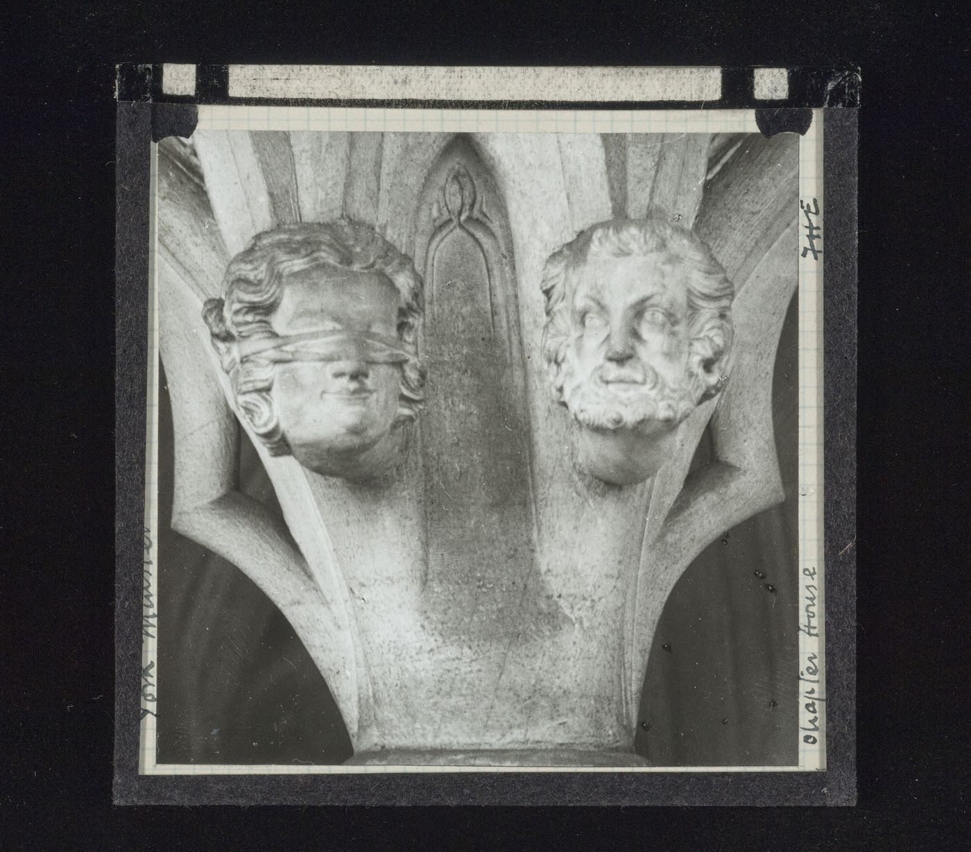 View of two sculptures of heads in Chapter House of York Minster, York, North Yorkshire, England