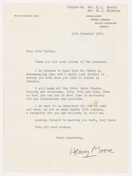 Letter from Henry Moore to Parkin