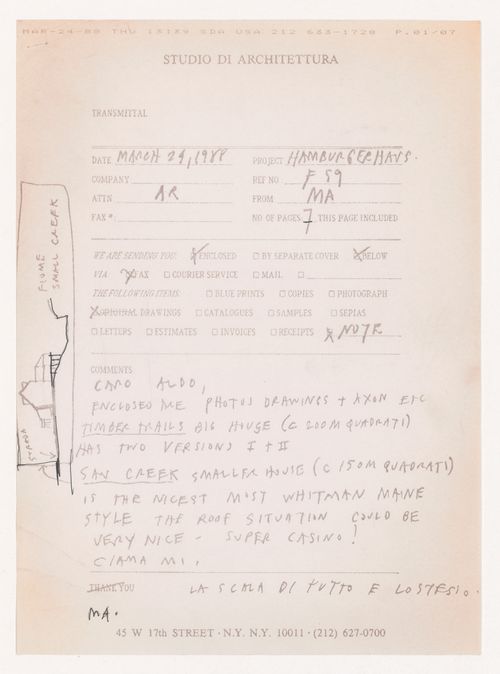 Drawings sent to Aldo Rossi for Case unifamigliari, Pocono Mountains, Pennsylvania