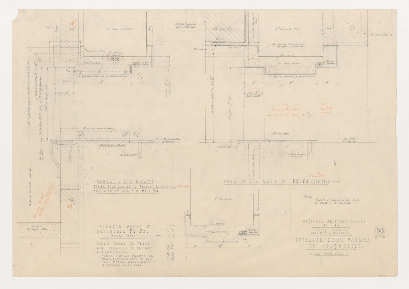 Détails des cadres de porte intérieure des penthouses, Imprimerie Nationale du Canada, Hull, Québec, Canada