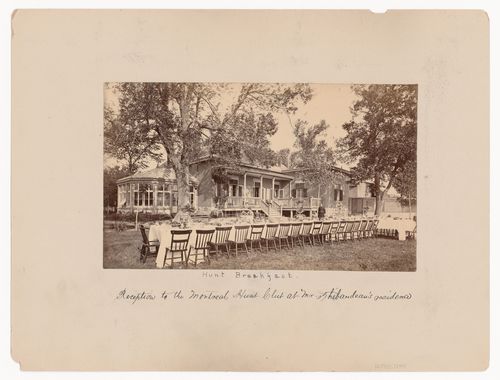 View of the garden and rear façade of Mille-Fleurs, the residence of the Honorable Mr. Thibaudeau, showing a table set for breakfast for the Montreal [sic] Hunt Club, Montréal [?], Québec
