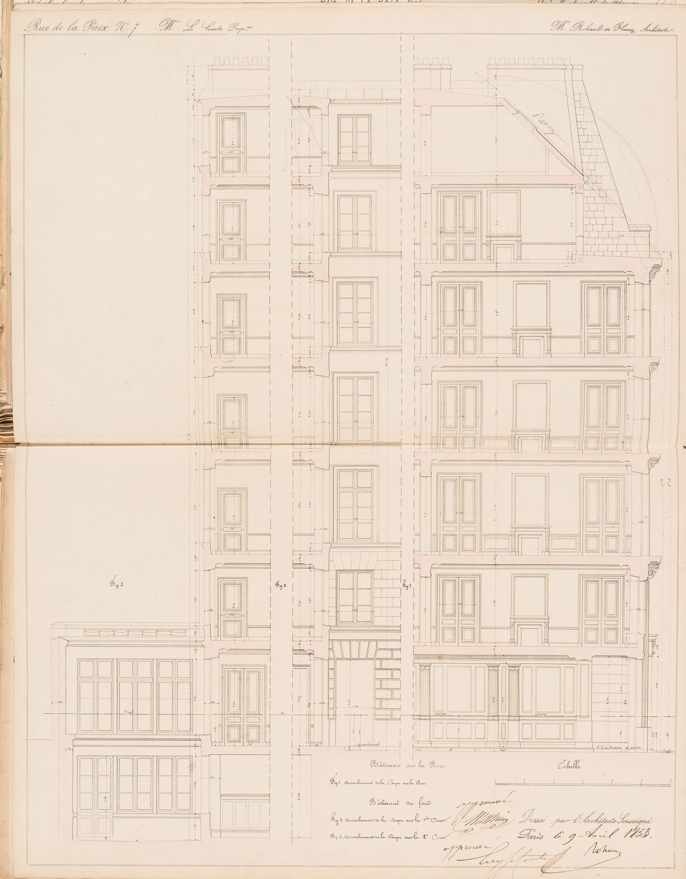 Contract drawing for the Hôtel du Timbre for Monsieur Le Comte, 7 rue de la Paix, Paris: Three partial longitudinal sections