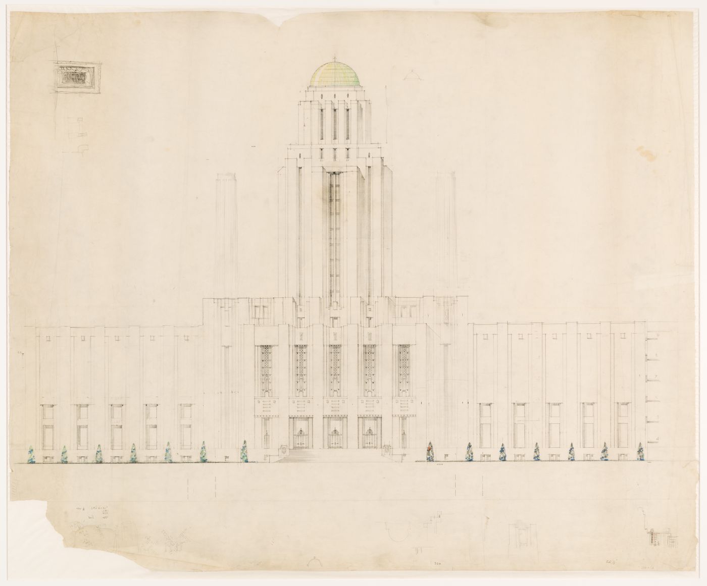 Élévation et esquisses pour le pavillon principal, Université de Montréal, Montréal, Québec