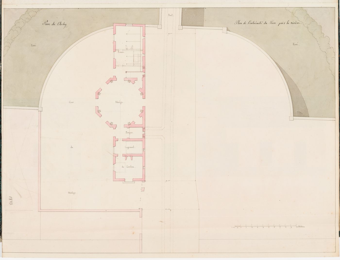 Partial site plan for Parc de Clichy including a plan for a manège