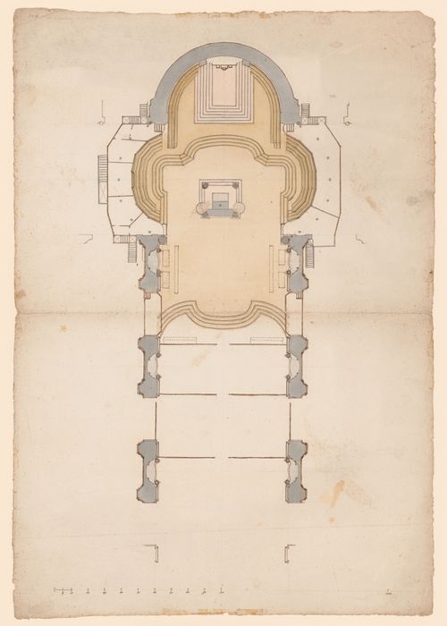 Plan of San Giovanni in Laterano, including temporary galleries in the apse and crossing; verso: Moulding profile