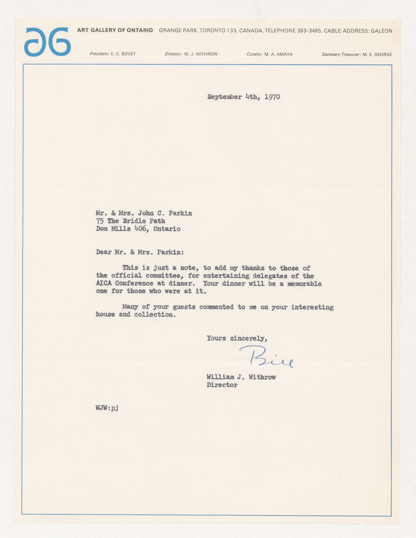 Letter from AGO director William J. Withrow to Parkin on AICA dinner at Parkin's home