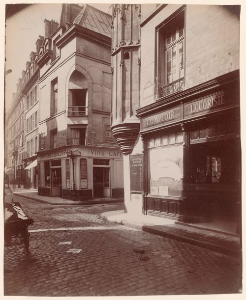 View of street with shop and cafe, Paris, France