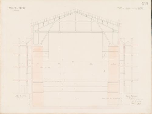 Project for an opera house for the Théâtre impérial de l'opéra: Cross section through the stage showing the sub-stage floor levels and roof trusses