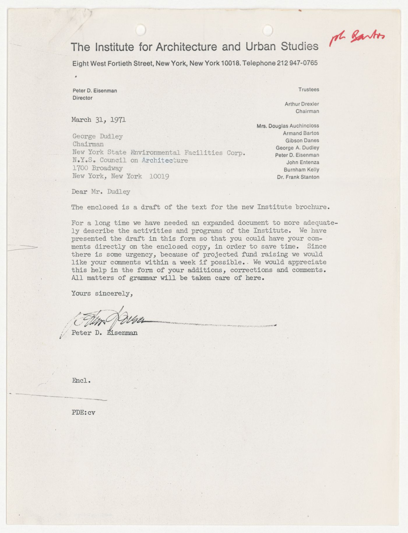 Letter from Peter D. Eisenman to George Dudley with attached draft text for IAUS brochure